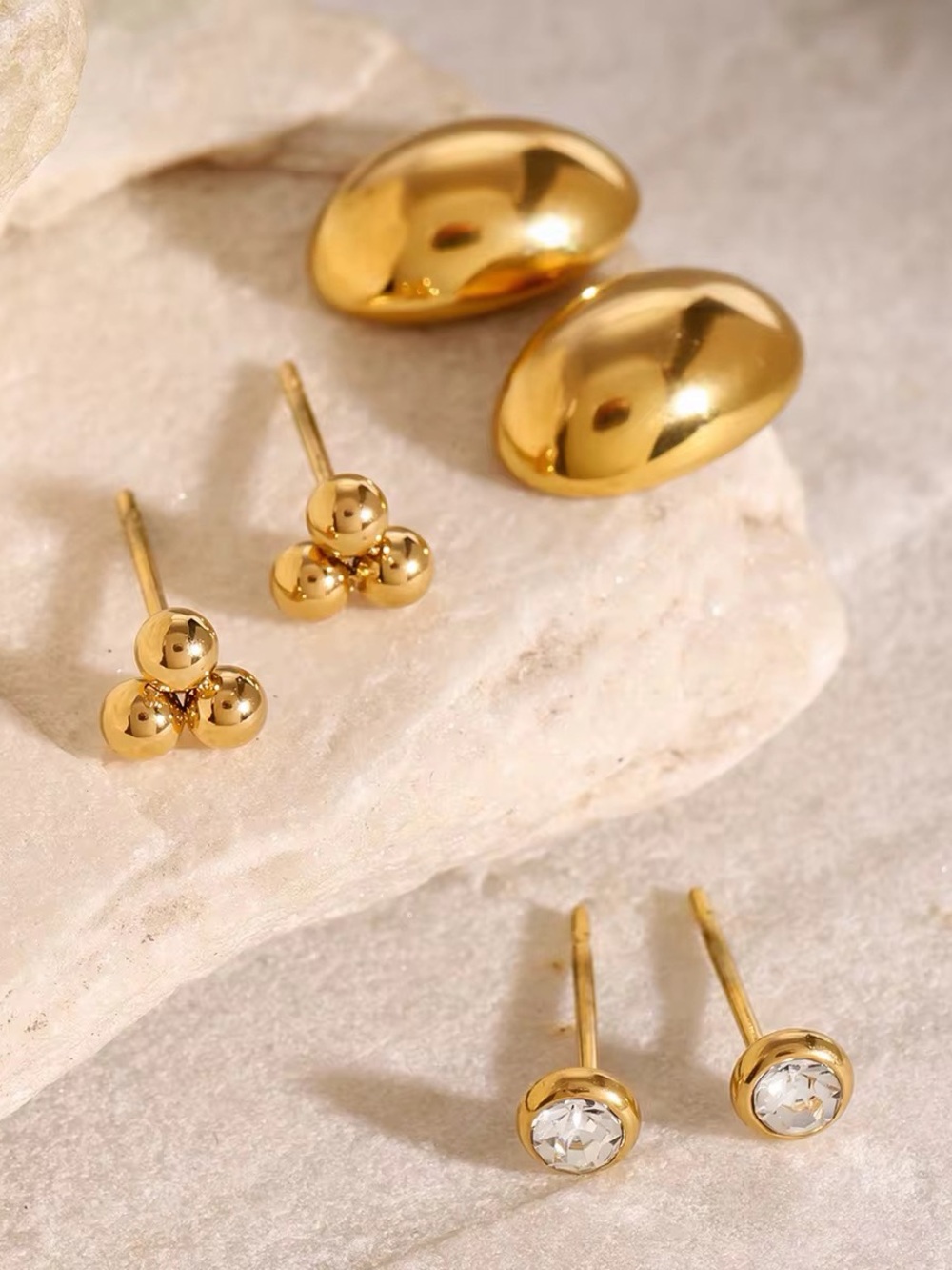 3 Pairs | 18K Gold Plated Cubic Zirconia Stud & Chunky Oval Earring Set